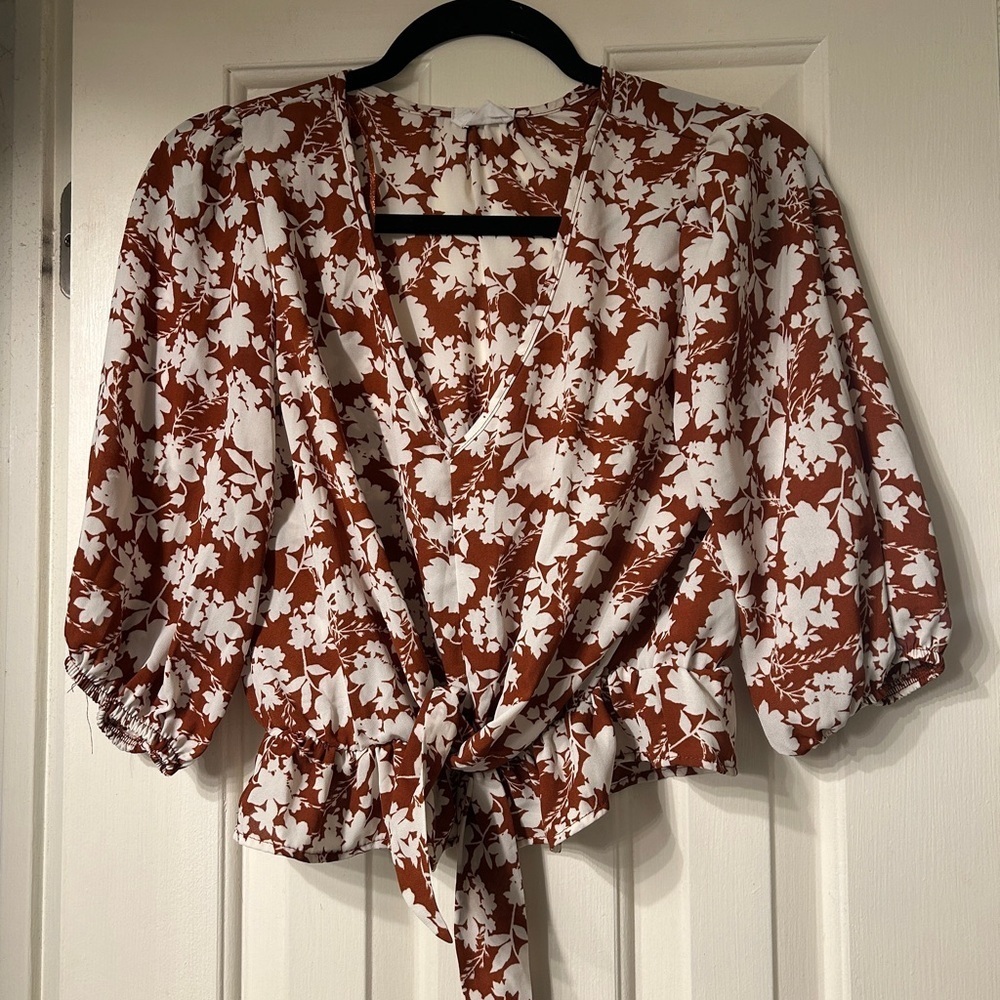 Floral Print Wrap Top - Rust and White
